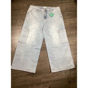 Blakeley Womens Light Wash Blue Denim Wide Leg Cargo Pants 4X Strachey FIT  NWT